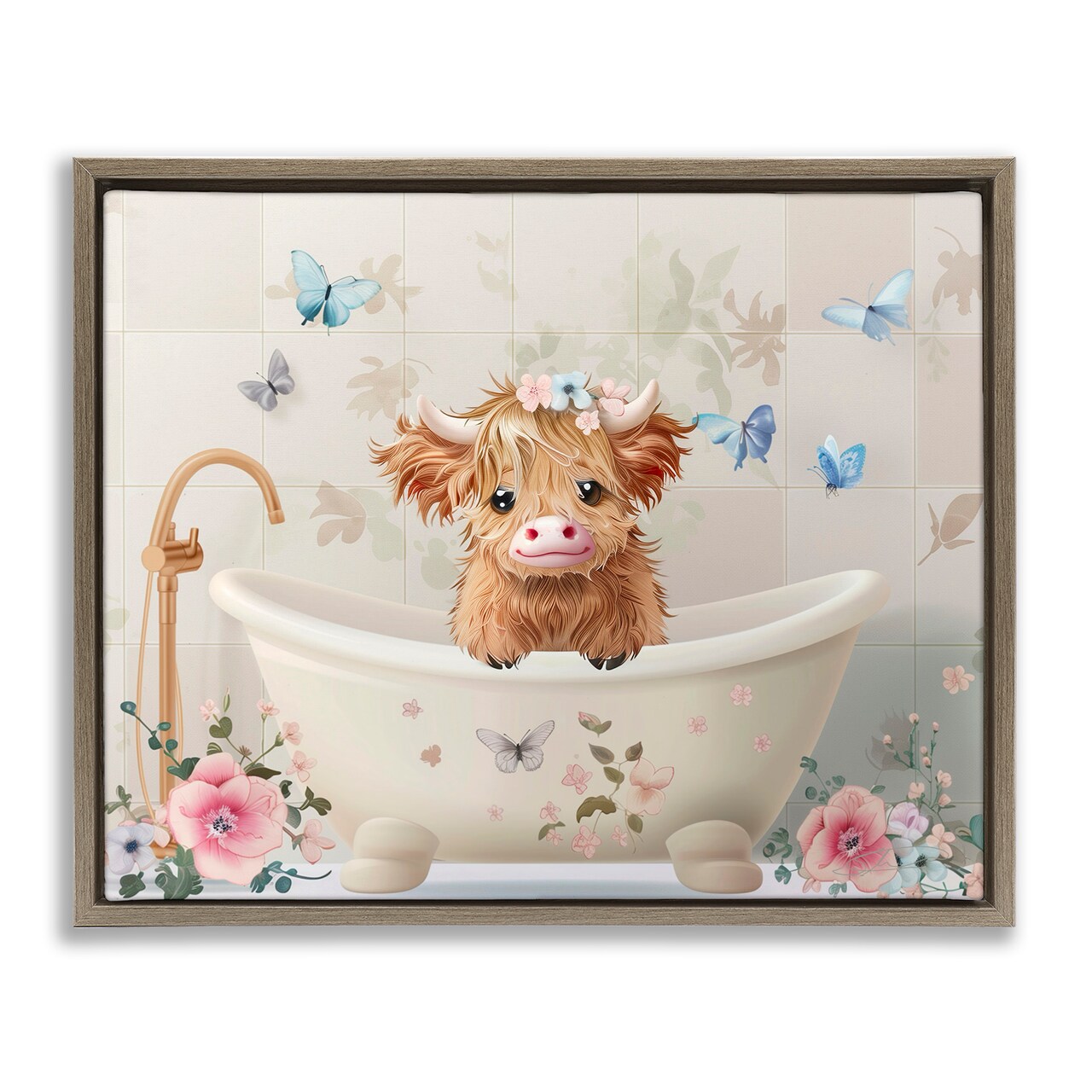 Stupell Industries Baby Cattle in Floral Tub Floating Frame, design by Shawna Stewart